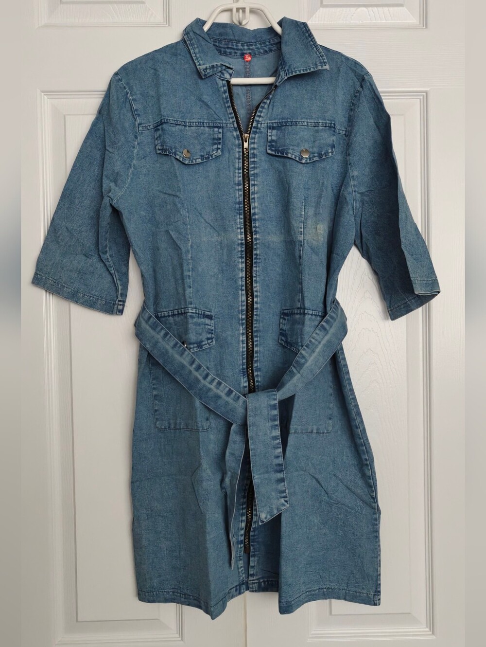 New Denim Zip-Front Belted Jean Dress, Size 2XL